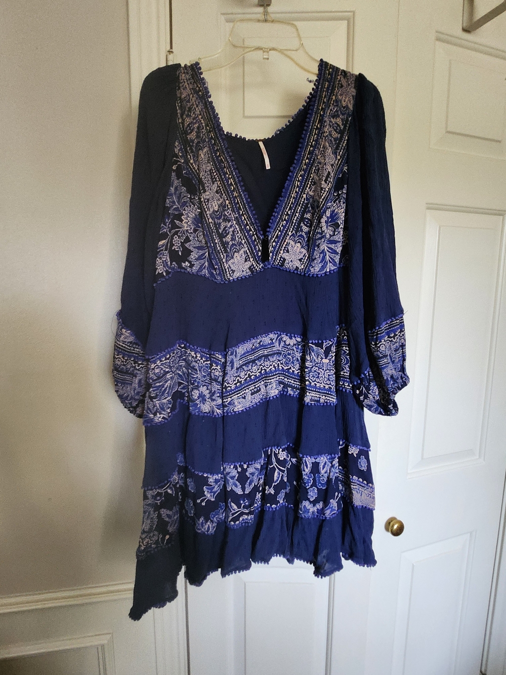 Deep Navy Floral V-Neck Long Sleeve Boho Dress